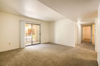 an empty living room with a sliding glass door